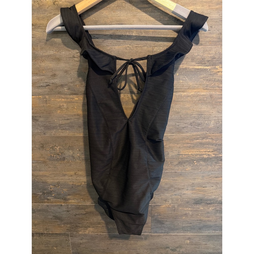 For Love & Lemons Black Ruffle V-Neck Textured One Piece Swimsuit XS